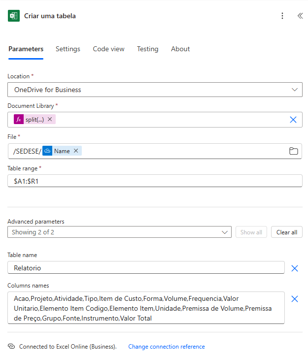 Criação da tabela no Excel
