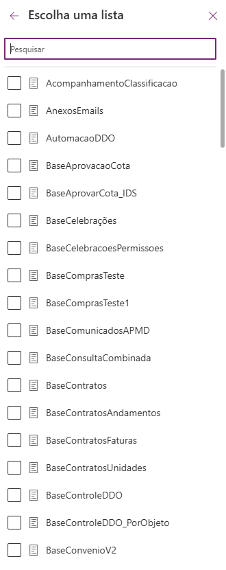 Seleção de listas disponíveis