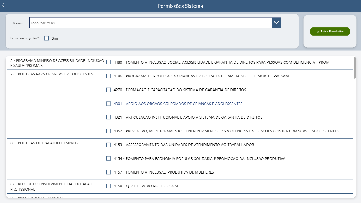 Tela de edição de permissões de usuário
